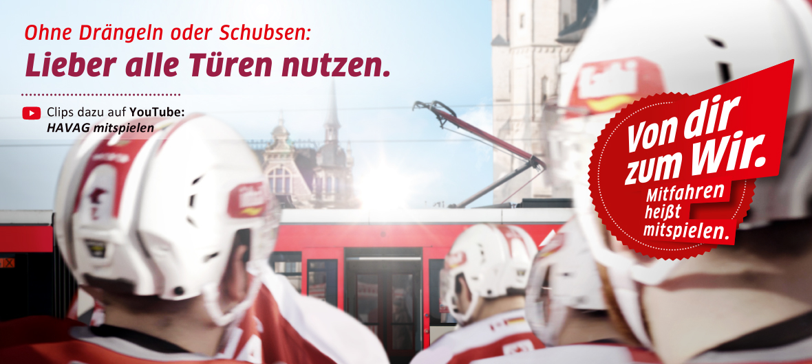 Mach-mit! Gemeinsam besser fahren. Von dir zum Wir. Ohne Drängeln oder Schubsen: Lieber alle Türen benutzen.
